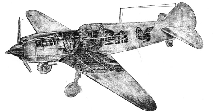 Общий вид самолета Ла-5 со снятой обшивкой крыла и фюзеляжа