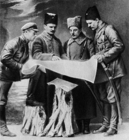 справо налево: А.Я. Пархоменко, К.Е. Ворошилов, Е.А. Щаденко, Ф.Е. Алябьев в Царицыне. 1918 год